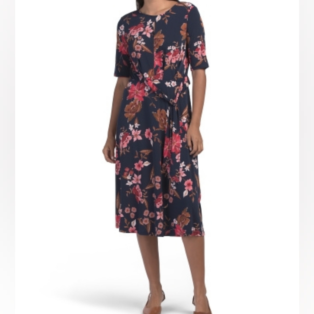 NWT-London Times Navy/Red Floral Elbow Sleeve Side Tie Fit & Flare Midi Dress-14 - Picture 4 of 16